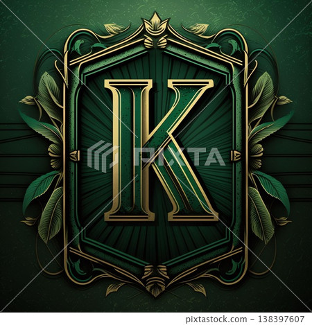 Vintage ornate letter K with floral ornament and leaves on green background. Vintage ornate letter K with floral ornament and leaves on green background. 138397607