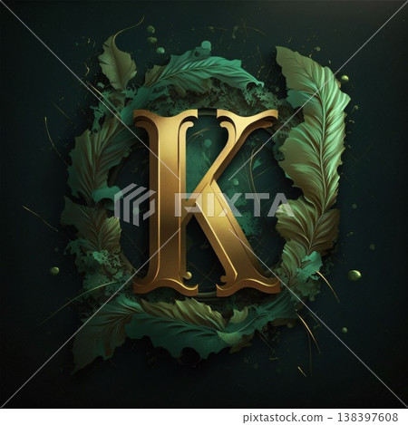 Golden letter K with green leaves on dark background. Vector illustration. Golden letter K with green leaves on dark background. Vector illustration. 138397608