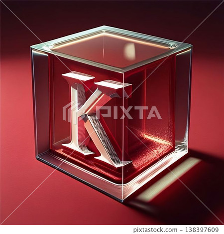 letter K in a glass cube on a red background. 3d render 138397609