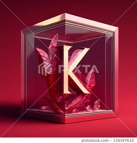 Letter K in a glass box on a red background. 3d render 138397610
