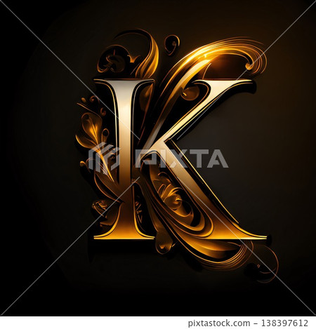 Golden letter K in the style of baroque. Vector illustration 138397612
