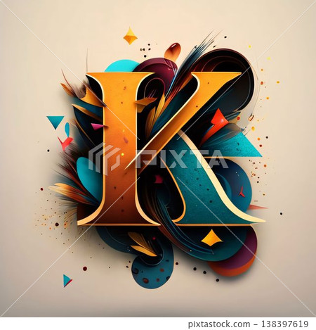 3d illustration of k letter with colorful abstract shapes and lines. 138397619