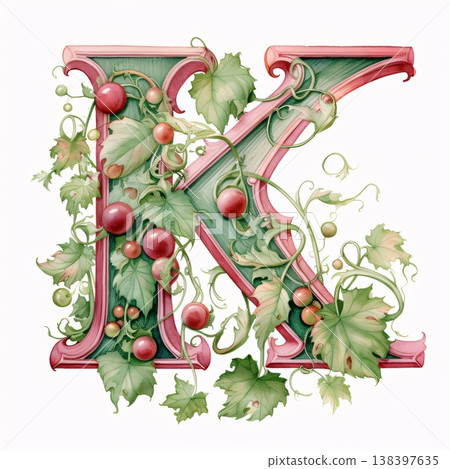 Letter K of the English alphabet with grapes and leaves. Vector illustration. Letter K of the English alphabet with grapes and leaves. Vector illustration. 138397635