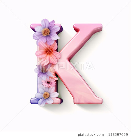 pink letter k with flowers isolated on white background. 3d illustration 138397639