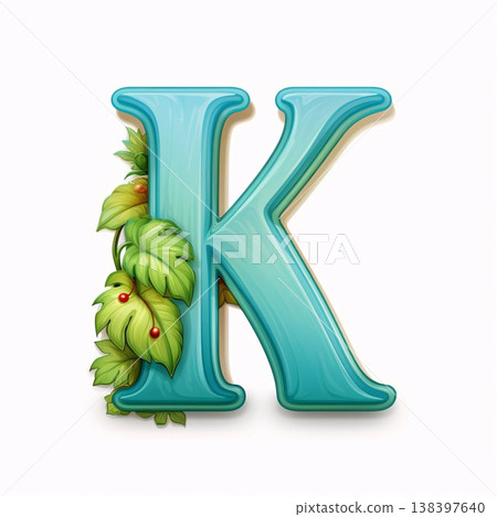 Font design, letter K with green leaves, 3D illustration. 138397640