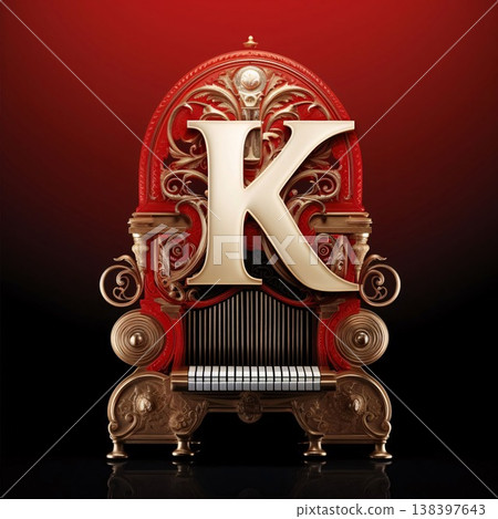Golden letter K with piano on a red background. 3d render Golden letter K with piano on a red background. 3d render 138397643