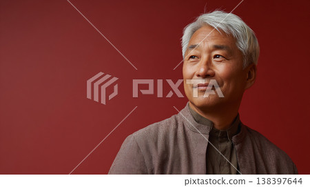 一位老年男子麵帶平靜的表情凝視著鏡頭，這是他的肖像照。 138397644