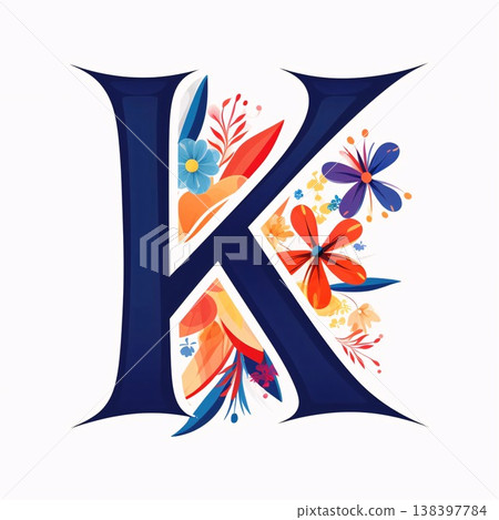 Vector capital letter K with flowers and leaves. Floral font. Vector capital letter K with flowers and leaves. Floral font. 138397784