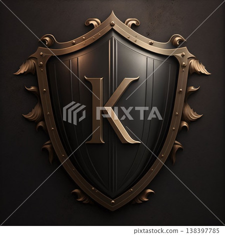 Golden shield with letter K on a black background. 3d rendering Golden shield with letter K on a black background. 3d rendering 138397785