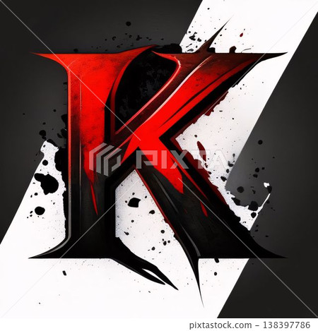 Grunge Letter K with Black, White and Red Paint Splashes 138397786