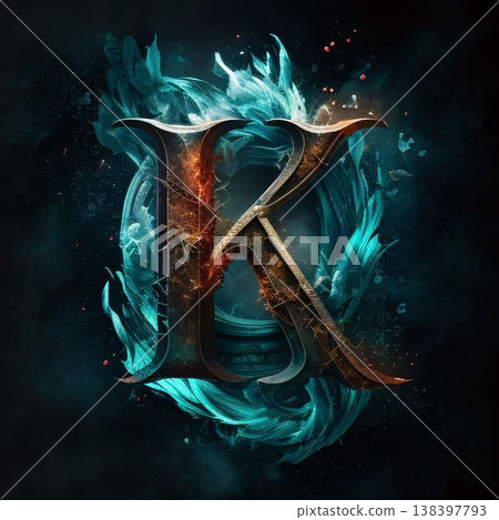 Futuristic letter K on a dark background with fire and smoke 138397793