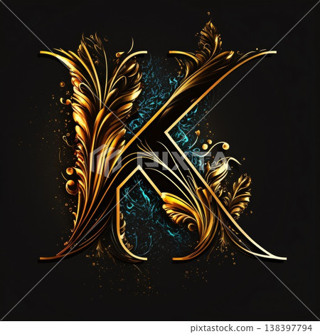 Luxury letter K with floral ornament in gold and blue. Luxury letter K with floral ornament in gold and blue. 138397794