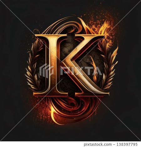 K letter with golden flame, laurel wreath and alphabet. K letter with golden flame, laurel wreath and alphabet. 138397795