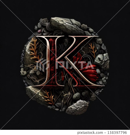 Alphabet letter Krated with leaves and flowers. 3D rendering letter K Alphabet letter Krated with leaves and flowers. 3D rendering letter K 138397796