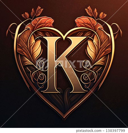 Luxury letter K in the shape of a heart with leaves. Luxury letter K in the shape of a heart with leaves. 138397799