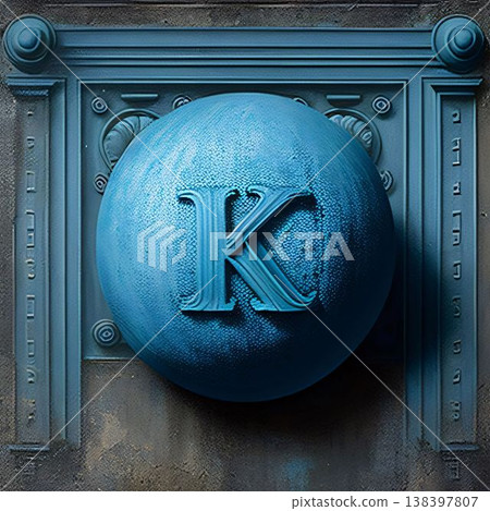3D render of the letter K on a blue metal background. 138397807