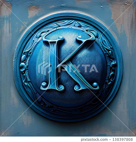 blue metal plate with ornament - letter K close-up macro photo 138397808