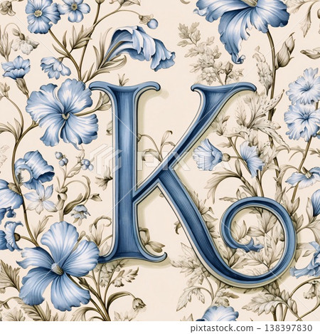 Vintage floral capital letter K with blue flowers and leaves on beige background 138397830