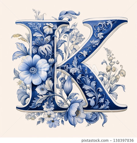 Vintage floral capital letter K with flowers in gzhel style Vintage floral capital letter K with flowers in gzhel style 138397836