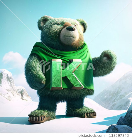 Green bear with green letter K in the snow. 3D illustration. 138397843