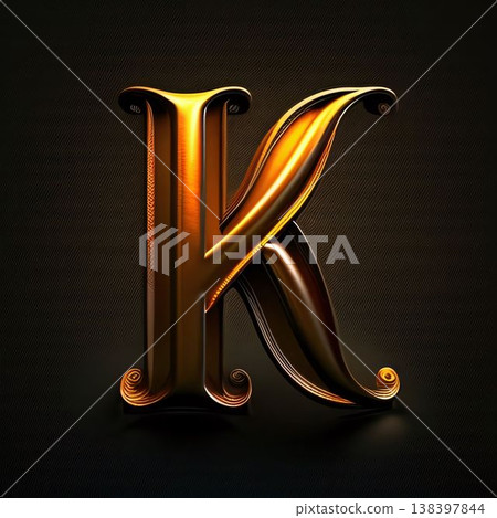 Metal letter K uppercase. 3D rendered font with golden ornament on black background. 138397844