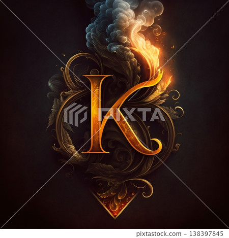 3D Illustration of the letter K in the form of an ornament with smoke 138397845