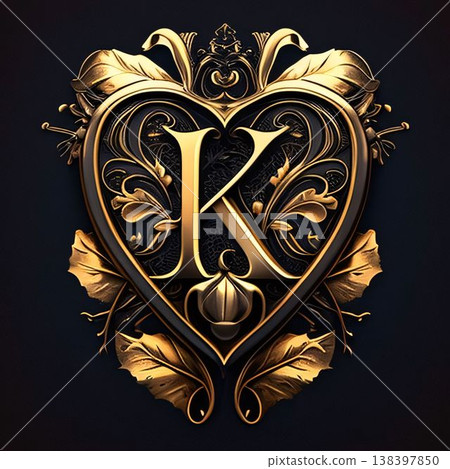 Luxury letter K in the shape of a heart with gold ornament. 138397850