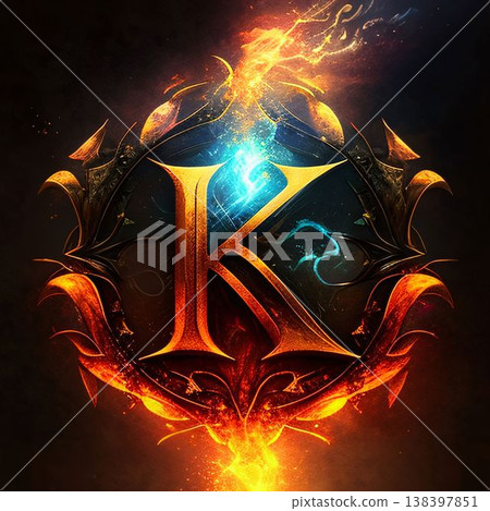 K letter with fire flames on black background. 3d illustration. 138397851