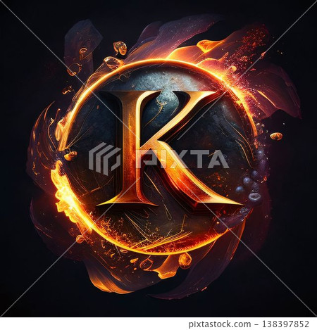 K letter in fire flames. 3D illustration. Design element. 138397852