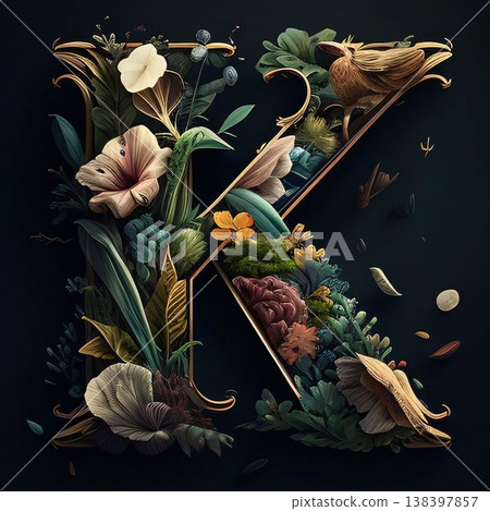Floral letter K with flowers, leaves and berries on dark background. 138397857