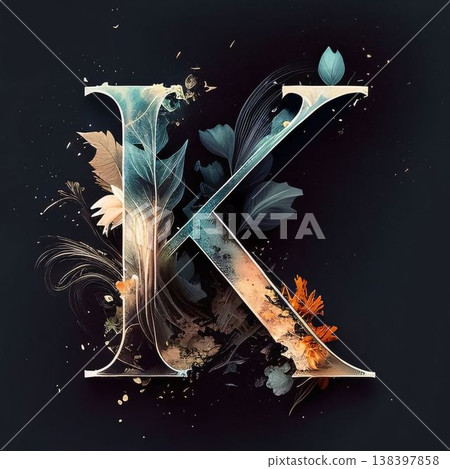 Alphabet K with floral elements and grunge textures, vector illustration 138397858