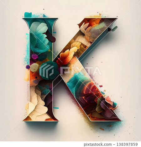 Alphabet letter K, colorful floral font with watercolor splashes 138397859