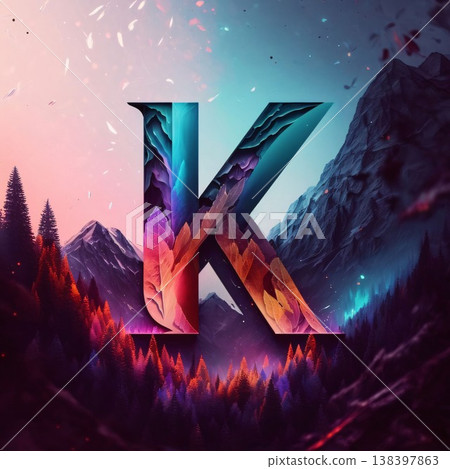 Alphabet letter K in the mountains. 3D illustration. Fantasy style. 138397863