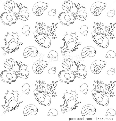 Hand-drawn seamless pattern, shells, coral, pearl oyster, underwater sea world graphic illustration for wedding decor, backgrounds Hand-drawn seamless pattern, shells, coral, pearl oyster, underwater sea world graphic illustration for wedding decor, backgrounds 138398095