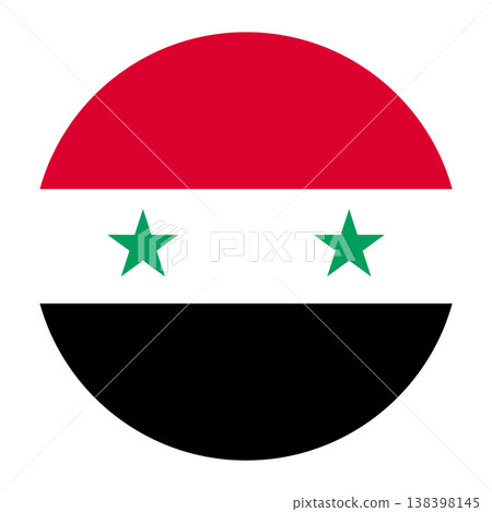 Circular Syrian national flag symbol with two green stars. 138398145
