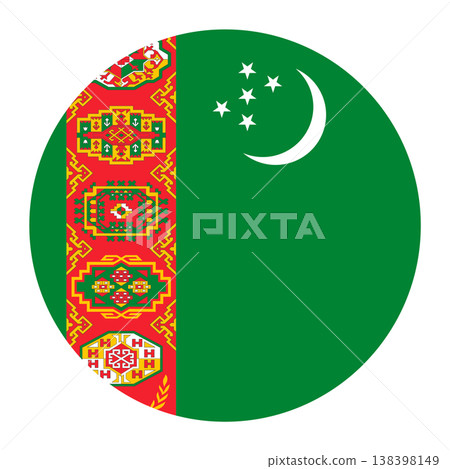 Circular Turkmenistan national flag symbol. Country emblem with carpet pattern, crescent and stars. Circular Turkmenistan national flag symbol. Country emblem with carpet pattern, crescent and stars. 138398149