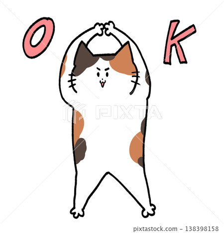 一幅可愛的手繪插圖,描繪了一隻三色貓做出“OK”手勢。 一幅可愛的手繪插圖,描繪了一隻三色貓做出“OK”手勢。 138398158