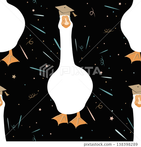 Cute graduate goose seamless pattern. Graduation funny background. Vector illustration. Cute graduate goose seamless pattern. Graduation funny background. Vector illustration. 138398289