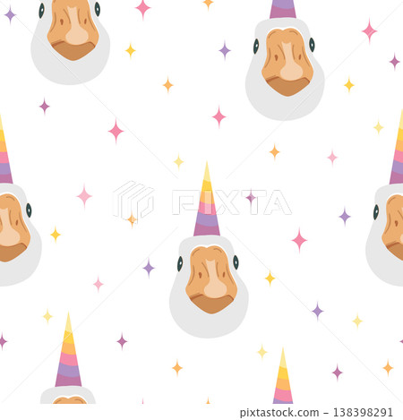 Seamless pattern with funny unicorn horn goose head. Magic concept and cute birthday or inspirational background. Vector illustration. Seamless pattern with funny unicorn horn goose head. Magic concept and cute birthday or inspirational background. Vector illustration. 138398291