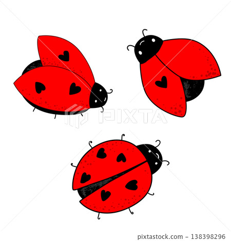 Cartoon set of kawaii ladybug baby characters. Ladybird icon with a cute hearts on wings. Isolated vector illustration on white Cartoon set of kawaii ladybug baby characters. Ladybird icon with a cute hearts on wings. Isolated vector illustration on white 138398296