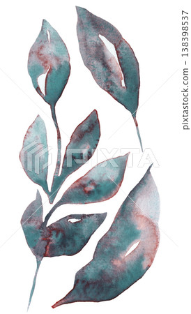 Hand painted watercolor twigs with smoky teal leaves isolated illustration. Botanical element 138398537