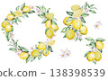 Watercolor lemon wreath and branches set with citrus fruits. Summer wedding stationery clipart 138398539