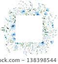 Square floral frame with blue watercolor wildflowers and leaves, hand drawn wedding illustration 138398544