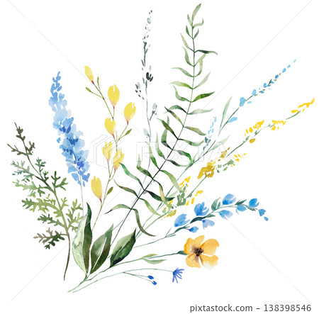 Watercolor bouquet with yellow and blue wildflowers, isolated illustration for wedding stationery Watercolor bouquet with yellow and blue wildflowers, isolated illustration for wedding stationery 138398546