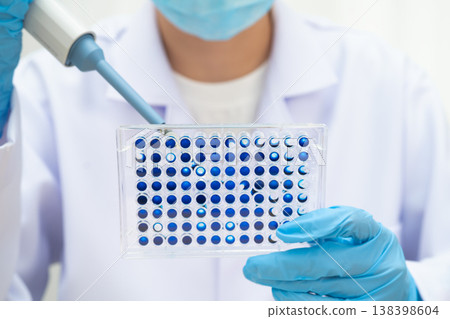 Scientist with cell culture in sample micro plate for research in science laboratory. 138398604