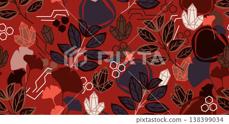 Premium seamless vector pattern featuring ginkgo leaves and crystals in deep red and plum. Ideal for luxury home decor, textiles, and chic packaging. 138399034