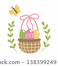 Easter eggs in a basket with a bow and a butterfly. Cute illustration on a white background. 138399249