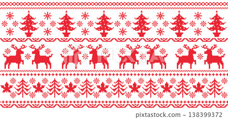Reindeer and tree knitted Nordic pattern line, red with white background Reindeer and tree knitted Nordic pattern line, red with white background 138399372