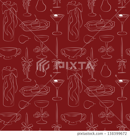 Hand-drawn seamless pattern, food and drinks, cocktail, piece of cake, champagne bottle with a bow and other party decor elements Hand-drawn seamless pattern, food and drinks, cocktail, piece of cake, champagne bottle with a bow and other party decor elements 138399672