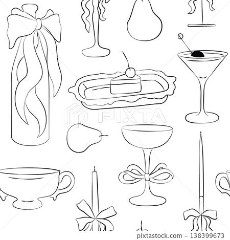 Hand-drawn seamless wedding pattern, food and drinks, cocktail, piece of cake, champagne bottle with a bow and other party decor Hand-drawn seamless wedding pattern, food and drinks, cocktail, piece of cake, champagne bottle with a bow and other party decor 138399673